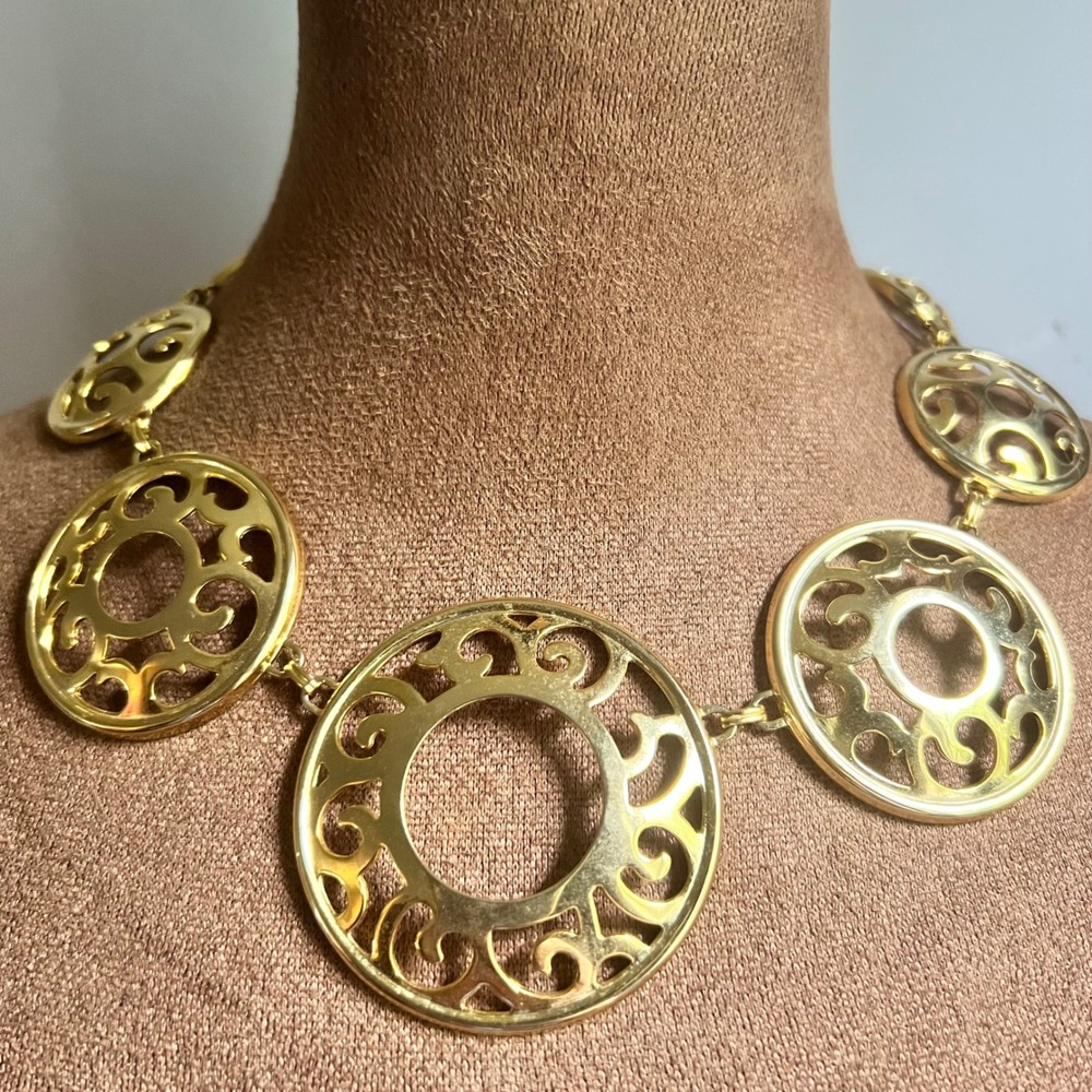 Vintage Gold Filigree Medallion Statement Necklace 18"  Cottagecore
